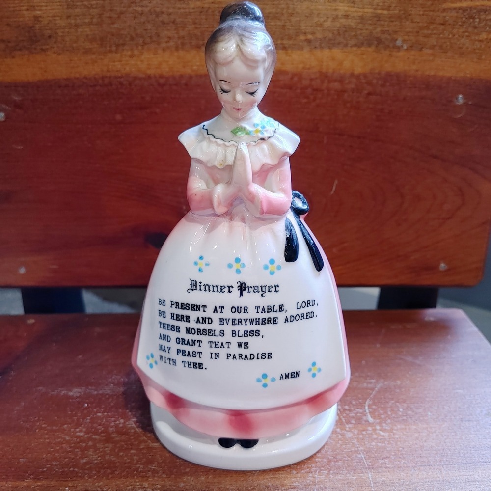 Trinket Vtg Ceramic Praying Girl Dinner Prayer Napkin Holder Figurine Pink decor